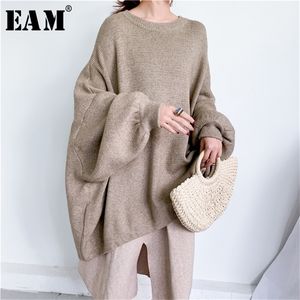 [EAM] Oversized Gray Knitting Sweater Loose Fit Round Neck Long Sleeve Women Pullovers New Fashion Autumn Winter 1Y190 201030
