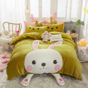 Cute Cartoon Rabbit Panda Parrot Koala Embroidery Winter Velvet Fleece Child Bedding set Duvet Cover Bed Linen/Sheet Pillowcases T200706