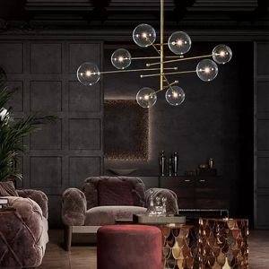 Ems design moderno bola de vidro candelabro 6 cabeças limpas lâmpada de bolha para sala de estar cozinha preto / ouro luminária