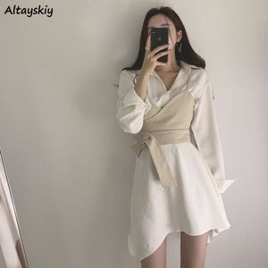 Klänning Kvinnor Höst Ny Koreansk stil Långärmad Two Piece Trendy Elegant Oregelbundna Slim Kvinna Feminin Ladies Mini Klänningar Hot Y0118