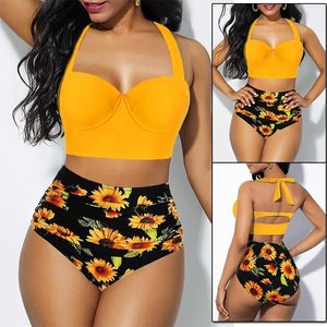Women Fashion Sunflower Print Sleeveless Bikini Set Top Shorts Two Piece Set Swimsuit Bathing Suit Swimwear Beach Wear Tankinis LJ200824