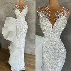 Lüks İnciler Mermaid Gelinlik Boncuklu Kristaller Dantel Jewel Boyun Payetli Gelinlikler Robe de Mariée