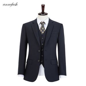 Maßgeschneiderter Business-Anzug aus hochwertiger Kammwolle in Marineblau mit Streifen für Herren, Slim-Fit-Anzug (Jacke + Hose + Weste) 201106