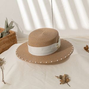 Pearl Trim Ladies Top Caps Classy Strap Straw Hats British Foldable Wide Brim Hats for Summer