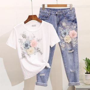 Zweiteiliges Kleid für Damen, Sommer, Freizeitanzüge, Stickerei, 3D-Blumendruck, T-Shirts + Jeans, 2 Sets