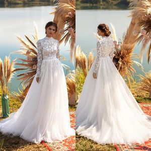 Suknie ślubne o wysokiej szyi Długie rękawy Suknie ślubne Pełna Koronkowa Sweep Pociąg Boho Custom Made Soft Tulle Vestido De Novia