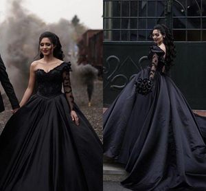 Sukienki ślub gotycki czarny elegancki jedno ramię z długim rękawem koronka liniowa satynowa suknie ślubne satynowe court pociąg vestidos de novia AL8680 L8680