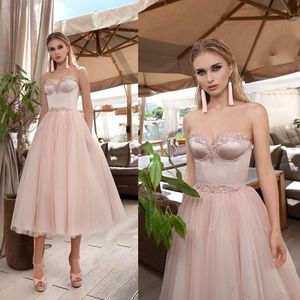 Sweety Pink A-Line Prom Dress Sweetheart Appliqued Tulle Abiti da sera corti Lunghezza tè Tull Abito da cerimonia formale LJ201119