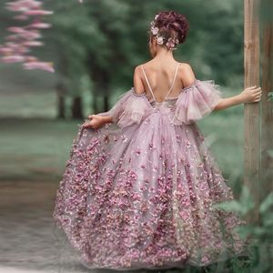 Шикарные фиолетовые платья на тонких бретельках с 3D цветочной аппликацией и цветочной аппликацией для девочек, платья длиной до пола, детское праздничное платье с жемчугом246d