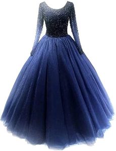 2021 New Sexy manica lunga scoop perline abito da ballo abiti quinceanera tulle lace-up dolce 16 abito debuttante abito da ballo su misura 28