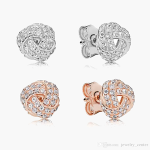 925 Sterling Silver Stud Brand New Sparkling Double Hoop Brincos Alto 18k Rose Gold Sparkling Amor Knots Stud Aniversário Engagement Engagement Saco de Pó Presentes Fit Pandora Charm