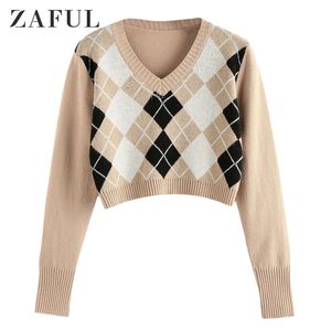 Zaful Kadınlar Argyle Kırpma Kazak V Boyun Uzun Kollu Kazak Zarif Örgü Tops Kazak Üst Moda Sonbahar Dış Giyim 201128