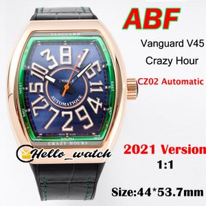 ABF New Crazy Hour Vanguard V45 3D Blue Dial CZ02 Automatic Mens Watch Rose Gold Case Couro / Borracha Green Inner Sport Watches Hello_Watch