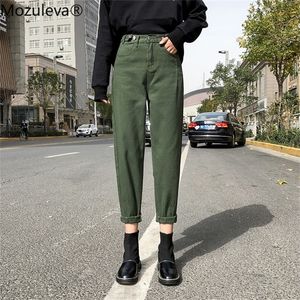 Primavera nuova annata a vita alta slouchy verde cotone mamma jeans denim harem pant per le donne autunno casual pantaloni strappati femme 201223