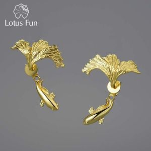 Lotus Fun k guld Ovanlig delad design Fighting Fish Stud Örhängen för kvinnor Sterling Silver Original Smycken Trend