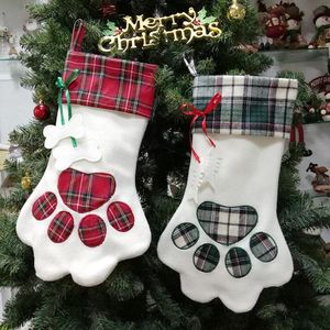 Paw Boże Narodzenie Stocking Plaid Xmas Pończochy Skarpety Choinkowe Ozdoby Wiszące Ozdoby Dekoracje Prezent Worki Party Decor Pension Lsk1646