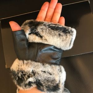 Vintage style glove winter soft genuine leather Open finger gloves with Rabbit fur black gloves good quality with gift box (Anita)