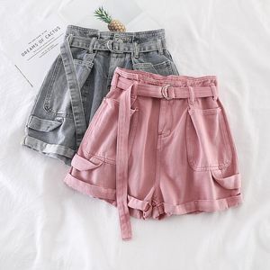 레트로 데님 반바지 여성 봄 여름 넓은 다리 반바지 벨트 캐주얼 hotpants 핑크 화이트 청바지 높은 허리 여성 반바지 C6129 LJ200818