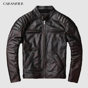 CARANFIER Men Genuine Cow Leather Jacket Fashion Stand Collar Motorcycle Biker Jacket Vegetable Tanned Goatskin Winter Coat C1021