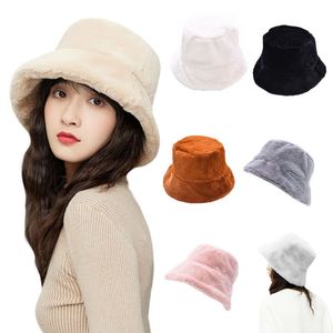 Koreanska kvinnor vinter fuzzy plysch bucket hatt öra varmare kort brim solskyddsmedel rund topp tjockna vindtät packbar panama fiskare