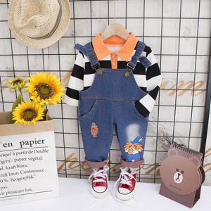 BOY'S Baby New Style Korean-style Children Fold-down Collar Stripes Long-sleeved Sweater Versatile Cowboy Suspender Pants