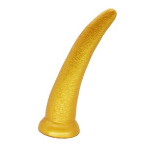 Golden Curved Long Dildo Ox Horn Design Mjuk silikon penis med sug anal plugg sug G spot stimulera fitta sexleksaker G157