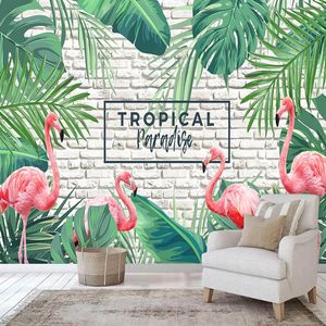 Personalizado sudeste da Ásia Tropical Plant Leaf Green Flamingo Wallpaper Mural Sala Quarto do fundo da foto Papel De Parede 3D