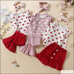 Set di abbigliamento Neonati Bambini Neonati, Ragazze premaman Completi per San Valentino Bambini Love Heart Stampa Top con maniche volanti + Pantaloni svasati Veet + Headba