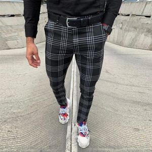 Men's Casual Pants Plaid Social Slim Fit Black Trousers Zipper Mid Waist Skinny Business Office Work Party Male Summer Stretchy 201114