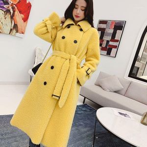 Lamb Wool Coat Mid-length Multicolor Lapel Real Fur Coat Ladies Winter Wool 2021 Oversized Lemon Yellow Peach RedY261