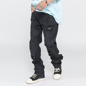 Black Washed Denim Trousers Mens Streetwear Straight Solid Jeans Oversize Casual Ripped Baggy Jean Pants