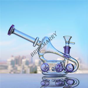 Lila Becher Glas Bongs mit Triple Balls Bong Recycler Dab Rig 14mm Joint Bowl Glas Wasserpfeife Kostenloser Versand