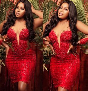 2022 Plus Size Arabic Aso Ebi Red Luxurious Sparkly Prom Dresses Sequined Lace Short Evening Formal Party Second Reception Gowns Dress ZJ505