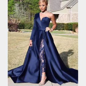 Modest Blue Jumpsuits Two Pieces Prom Dresses One Shoulder Front Side Slit Pantsuit Evening Gowns Party Dress