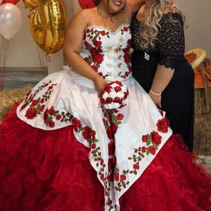 Plus Size Quinceanera Dresses Red And White Embroidered Beaded Organza Ruffles Strapless Ball Gowns Plus Prom Sweet 16 Dress Party Formal