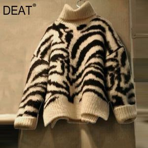 [DEAT] 2020 새로운 가을 패션 여성 풀오버 얼룩말 패턴 니트 스웨터 전체 슬리브 터틀넥 캐주얼 두꺼운 야생 따뜻한 LJ201113