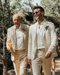 Bekväm beige elfenben linne bröllop tuxedos 2 stycken trim passform herrkläder fäder formella slitage vår sommar strand bröllop kostym groom prom party blazer