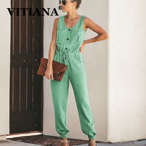 VITIANA Women Casual Jumpsuit Summer 2019 Female Sleeveless Pockets Buttons Rompers Womens Jumpsuits Ladies Formal Office Romper T200107