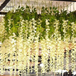 Flores decorativas guirnaldas 12 unids wisteria de seda blanca vid artificial vid de hiedra fake árbol guirnalda colgando flor decoración de la boda el hogar deco