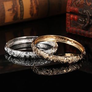 Bangle luxo estilo francês senhoras casamento ornamento bracelete tribunal esculpido mão-artesanal ouro padrão de flor