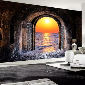 Papel de parede personalizado 3d estéreo espao túnel pôr do sol vista mar murais sala de estar restaurante fundo pintura parede 3d afrescos