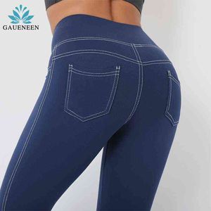 2021 neue Imitation Denim Hohe Taille frauen Hosen Tasche Hüfte-Lift Yoga Legging Nude Fühlen Sport Engen Fitness Hosen weibliche H1221