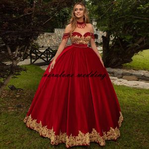 Red Sweet 16 Quinceanera Dresses Gold Lace Beads Pageant Dress Mexican Girl Birthday Gowns Vestidos De 15 Anos