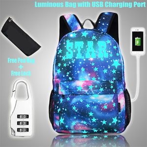 Lysande Student Skolväska Laptop Ryggsäck för Boy Girl DayPack med USB Laddningsport Stöldskydd Lås för Camping Travel LJ201029