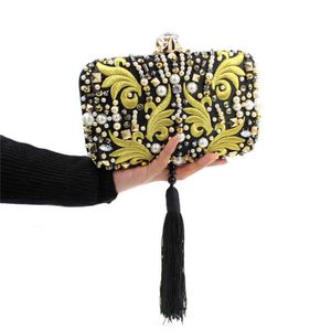 Nxy Handbag Luxury Pearl Beads Diamonds Gold Embroidery Clutch Bag Black Tassels Crystal Evening Bridal Wedding with Chain Y636 0214