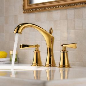 Wholesale two handle faucets for sale - Group buy Luxury gold brass bathroom sink faucet Golden basin mixer tap cold hot water bathroom faucet Two handle Three holes High quality1