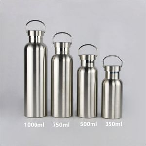 Portable Stainless Steel Water Bottle Bamboo Lid Sports Flasks Leak-proof Travel Cycling 1000ml/750ml Camping Bottles A Free 220217