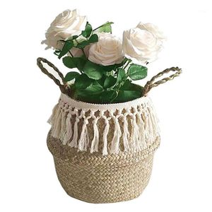 Handmade Bamboo Storage Baskets Seagrass Wicker Basket Garden Flower Pot Laundry Container Toy Holder With White Tassel Bags