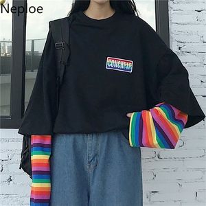 Neploe Coreano Harajuku Patchwork Magliette Falso Due Pezzi Arcobaleno A Righe Manica Lunga T-Shirt Casual O-Collo Donne Top Tees 55252 201028