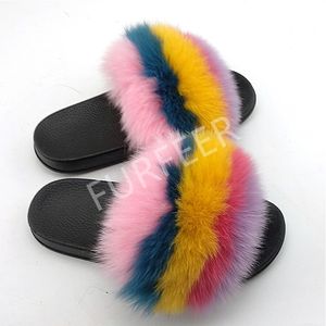 Gai gai gai kvinnors vinter päls damer söta plysch fluffiga tofflor riktiga räv päls hemskor kvinnor glider sandaler rand flip flops y201026